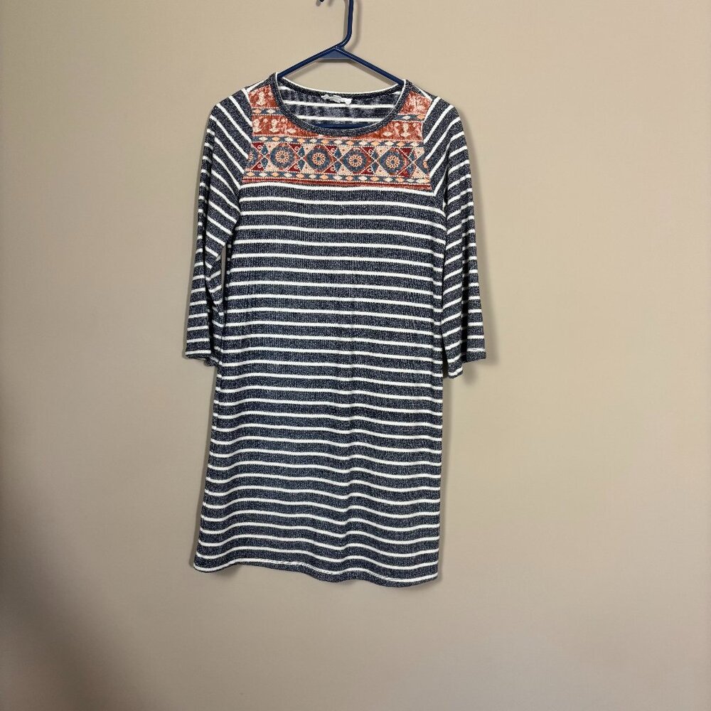 Striped Knit Dress with Embroidered Yoke